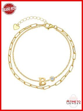 925 Sterling Silver 14K Gold Plated Dainty Initial Bracelet Layered Stackable